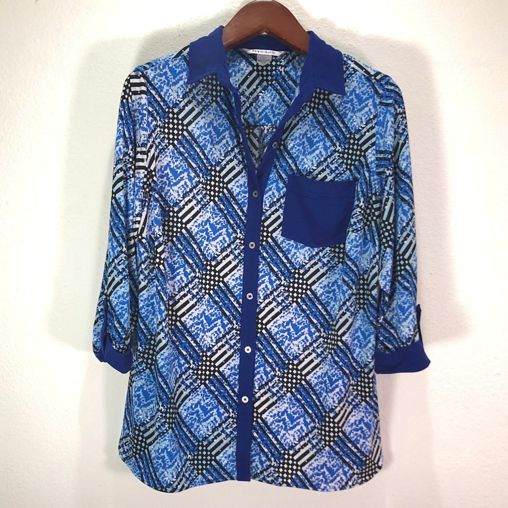 Nygard Women Blue Black Abstract Plaid Button Up Blouse 3/4 Sleeve Size 1X